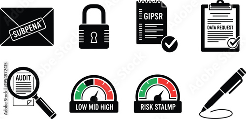 Monochrome vector line art close up eight legal icons showing envelope with subpoena padlock notepad data request audit magnifier risk meters pen clipboard for coloring book