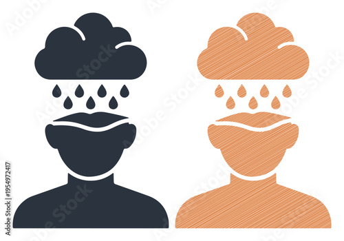 Depression Concept Illustration Two Human Heads with Raining Clouds Symbolizing Stress and Negative Thoughts Isolated
