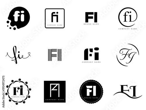 FI logo company template. Letter f and i logotype. Set different classic serif lettering and modern bold text with design elements. Initial font typography.