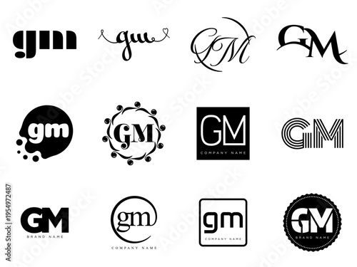 GM logo company template. Letter g and m logotype. Set different classic serif lettering and modern bold text with design elements. Initial font typography.