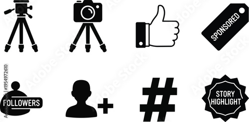 Vector icon set for coloring book social media camera on tripod like tag followers profile add hashtag story highlight bold outline page printable simple flat handdrawn