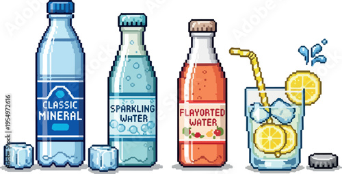Refreshing assorted bottled beverages and a glass of iced drink with lemon slices and straw, alongside ice cubes and a bottle cap, pixel art style