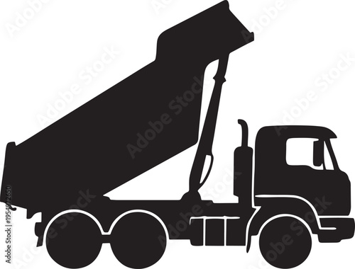 Silhouette of a dump truck with raised bed on white background