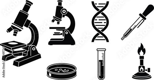 Minimalist vector line lab equipment icons for a coloring book microscope dna test tube pipette petri dish bunsen burner close up layout science education outline page