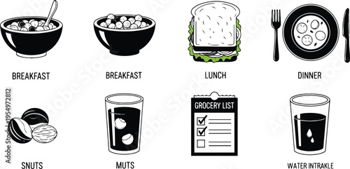Simple black line vector breakfast lunch dinner food icons arranged grid for coloring book with hand drawn style top view icons labeled for kids educational activity
