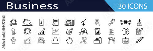A collection of 30 business icons in black and white