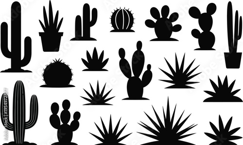 Diverse collection of black cactus and succulent plant silhouettes on a clean white background