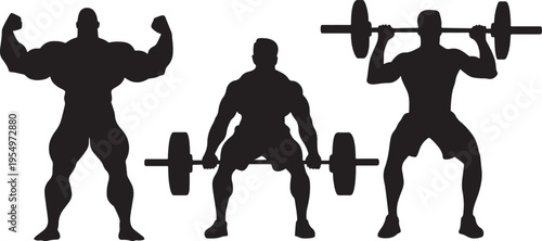 Silhouette of bodybuilders lifting weights in various poses