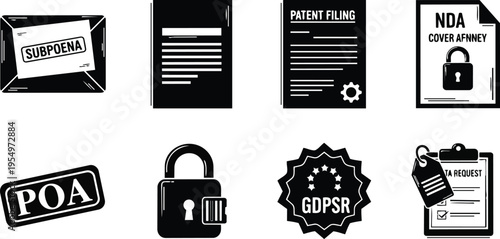 Vector art top view legal documents icons subpoena nda patent filing power of attorney padlock gdpr data request set for a coloring book outline style bold