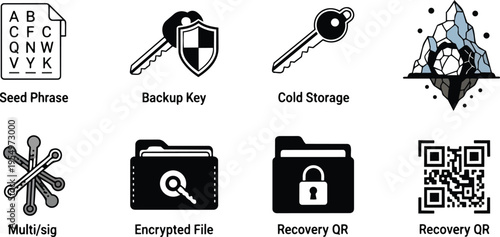 Vector art close up row of crypto security icons seed phrase backup key cold storage multisig encrypted file recovery qr folder for coloring book black outline