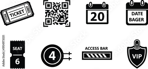 Minimalist vector icons ticket qr code calendar seat vip access bar badge set for coloring book outline style page printable simple bold line art child friendly