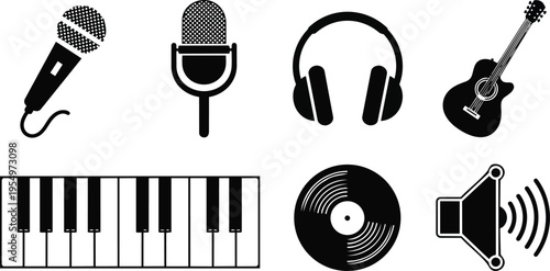 Vector art flat music icon set for coloring book featuring microphone headphones acoustic guitar piano keyboard vinyl record speaker bold black and white line drawings playful