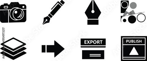 Vector art icon set camera pen nib camera lens fountain pen palette layers arrow export publish icons for coloring book simple bold outlines educational activity pages