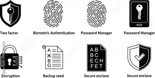 Flat design close up fingerprint and security icons for coloring book showing padlock shield key seed phrase backup paper and tablet outline style simple bold lines