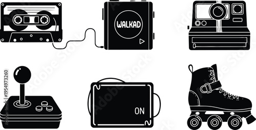 Retro vector icon collection close up cassette walkman instant camera joystick roller skate and camera battery arranged on white background for coloring book minimalist line art