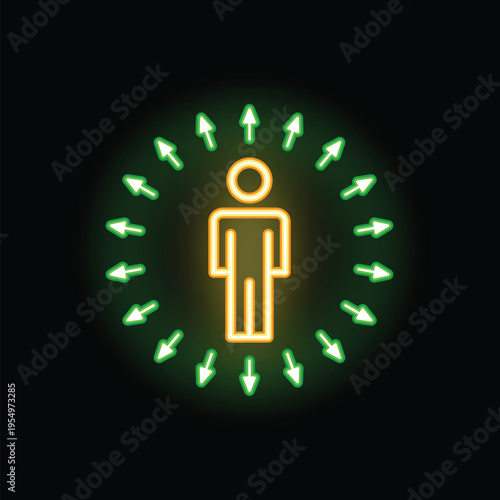 Neon sign depicting a person surrounded by arrows pointing inwards, symbolizing focus, attraction, or influence