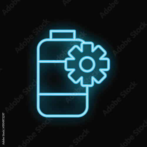 Neon blue icon of a protein jar with a gear, glowing on a black background, representing fitness settings