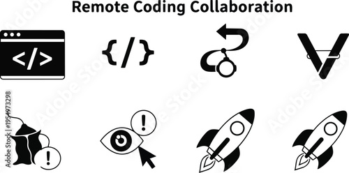 Minimalist vector icons set close up coding symbols rocket eye cup and arrows arranged in rows for a coloring book page with playful style simple outlines