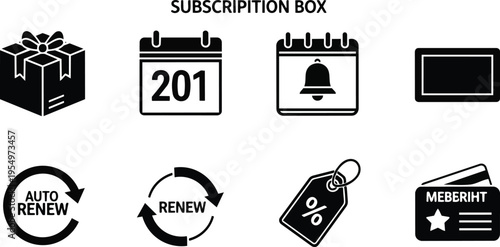 Flat design top view subscription icons set for coloring book featuring gift calendar bell auto renew tag loyalty card simple bold outlines single line vector art
