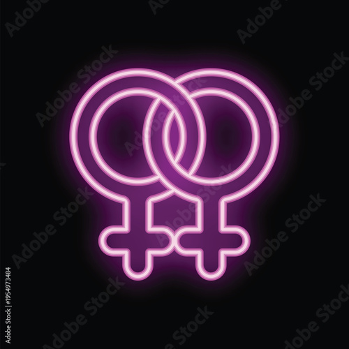 Neon sign is glowing pink in the dark, showing two female gender symbols intertwined, celebrating love and partnership