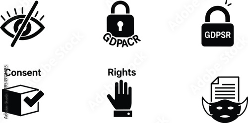 Minimalist vector icons set for a coloring book featuring privacy lock eye consent rights masked document hand box check simple outline style bold black line art