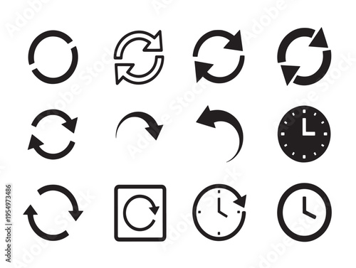 A set of black and white icons for refresh and time