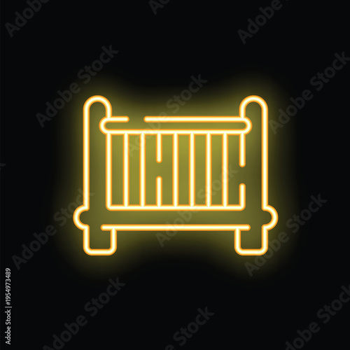 Glowing yellow neon sign depicting a baby crib on a black background