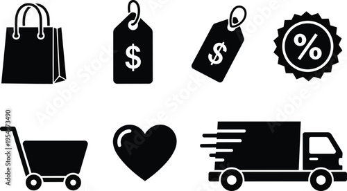 Minimalist vector shopping icons set close up shopping bag price tag angled tag percent badge shopping cart heart delivery truck for coloring book simple line art