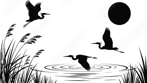 Graceful heron birds fly above calm water with reeds and a large sun or moon sphere