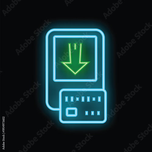 Glowing neon atm cash machine with a screen displaying a downloading money symbol icon isolated on a black background