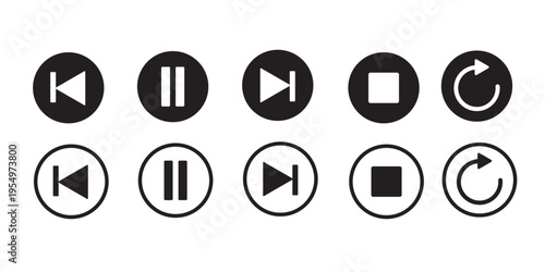 Media control icons set – play pause stop forward rewind buttons, audio video player UI symbols, black and outline vector collection