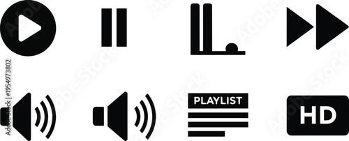 Minimalist vector flat design music control icons set for coloring book close up play pause rewind fast forward volume playlist hd outlined simple bold stroke black