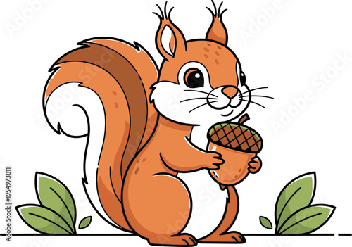 Adorable cartoon squirrel with a fluffy tail happily holds a brown acorn in its paws, ready to be stored away for the winter season in a charming, stylized nature illustration.