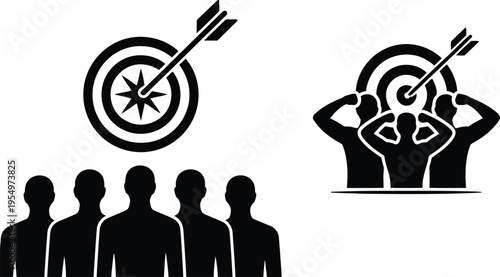 Icons displaying a target hit by an arrow, a group, and people celebrating achieving a common goal