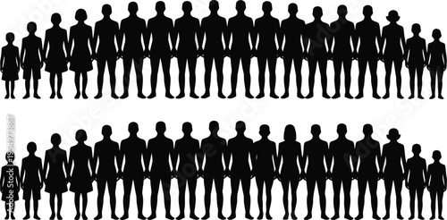 Many anonymous human silhouettes stand together in two large curved rows on a white background