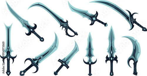 Fantasy curved swords set with magical blades and ornate weapon designs vector illustration