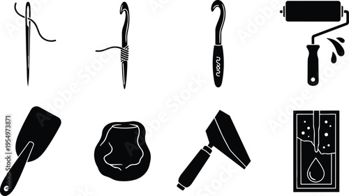 Coloring book vector art close up craft icons needle crochet hook paint roller spatula clay pot trowel soap mold black silhouette for coloring book line art