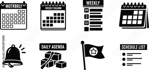 Flat design calendar icons set close up desk planner and bell for coloring book black outline vector art simple educational playful worksheet page schedule list flag