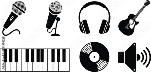 Minimalist vector music icons set for a coloring book featuring microphone headphones guitar piano keyboard vinyl record speaker simple bold black white outlines front view stencil