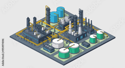 Isometric industrial plant with various processing units, storage tanks, and interconnected pipelines.