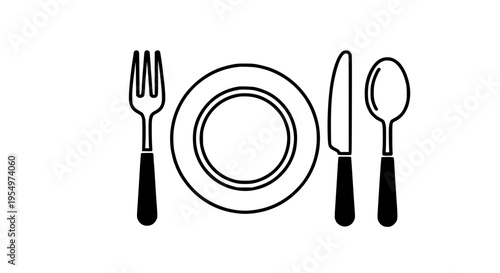 Tableware setting with plate, fork, knife and spoon for eating featuring dining, utensils, cutlery with dish and meal elements for food, restaurant