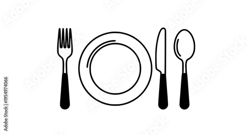 Tableware setting with plate, fork, knife and spoon featuring utensils, dining, eating with meal and food elements for restaurant, flatware projects,