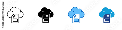 Cloud Storage Multiple Style Icon Design Vector - Memory card over cloud representing remote data storage, file backup, and cloud synchronization