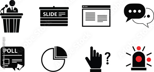 Flat vector icons set close up simple presentation icons speaker lectern speech bubble poll chart hand pointer alarm set for coloring book black white outline minimal