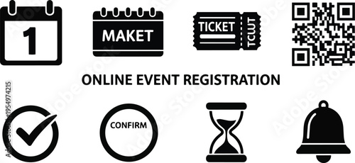 Simple line art event registration icons calendar ticket qr code check confirm hourglass bell bold outline printable pages black white hand drawn for a coloring book
