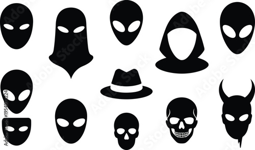 Multiple black silhouettes displaying diverse mask and head shapes including aliens, skulls, a fedora, and hooded figures
