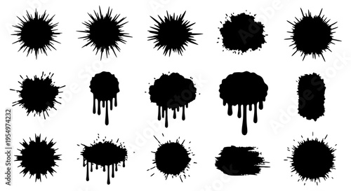 Inkblots black set with splatter and drip effects for design featuring grunge, graphic resources, abstract shapes with creative textures and messy