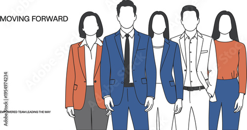Diverse business team standing together in professional attire representing leadership and the moving forward concept.