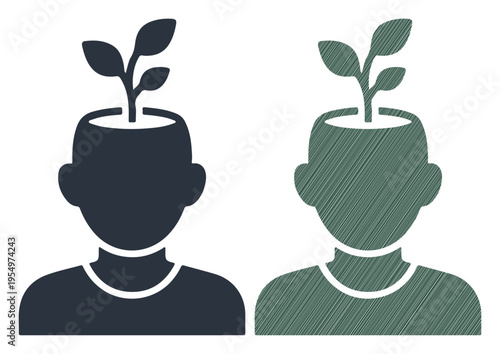 Growth Mindset Concept Plant Sprouting from Human Head Silhouette Icon
