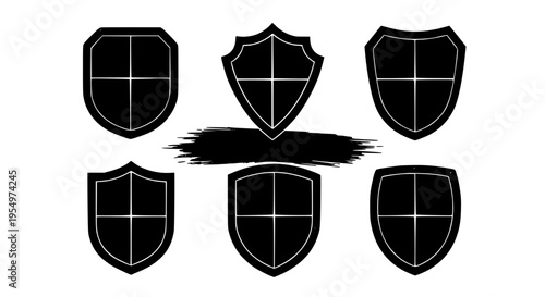 Shields black icon set with white outlines and crosshairs, protective symbols featuring shield symbol, security icons, safety signs with defense